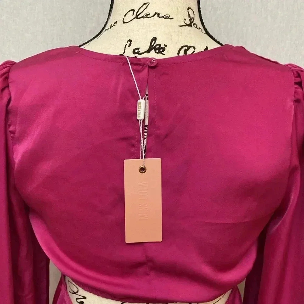Miss Lola Fuchsia Cutout Mini Dress Plunge V Neck Long Sleeve NWT Size Small - Picture 13 of 14